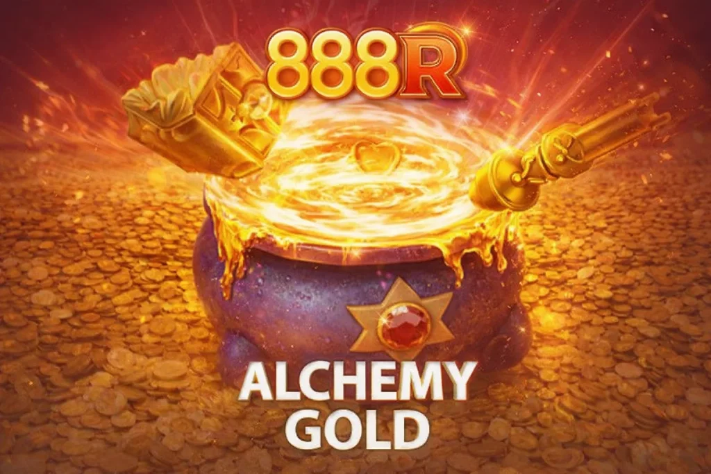 Tampilan permainan ALCHEMY GOLD di 888R Resmi dengan simbol emas dan efek multiplier aktif