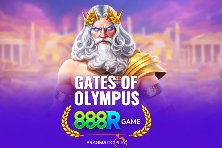 Tampilan Gates of Olympus di platform 888R resmi dengan latar Zeus dan nuansa Olympus yang megah