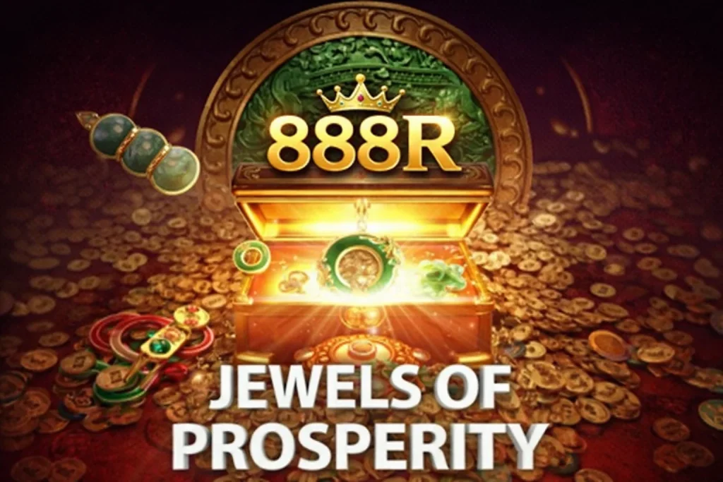 Tampilan permainan JEWELS OF PROSPERITY di 888R Aplikasi dengan simbol permata emas dan latar elegan bernuansa klasik.