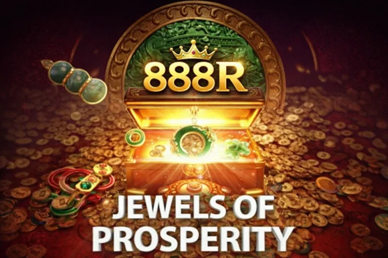 Tampilan permainan JEWELS OF PROSPERITY di 888R Aplikasi dengan simbol permata emas dan latar elegan bernuansa klasik.